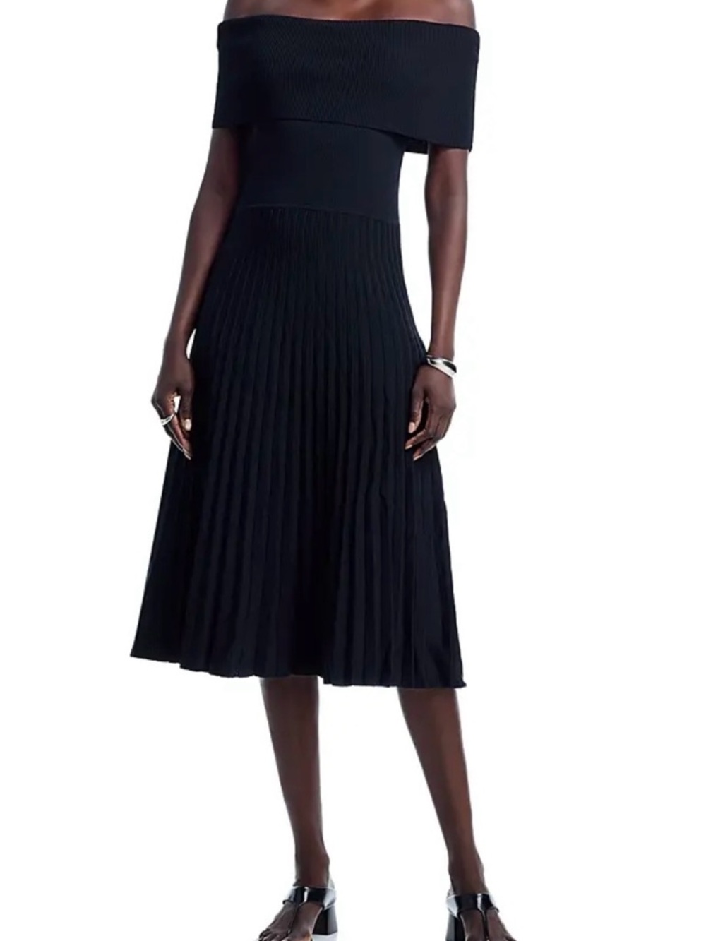 Elie Tahari Persephone Knit Midi Dress M Black Off Shoulder Pleated Evening LBD